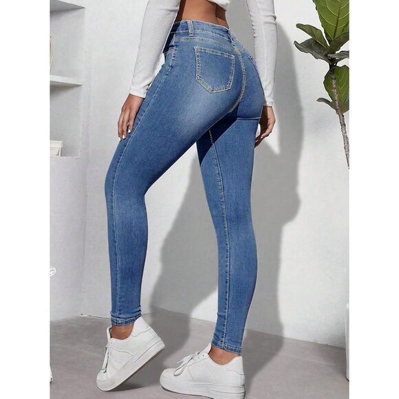 Women's Stretch Skinny Jeans Pearl Embellished Casual Fashion Denim Pants - Picture 2 of 6